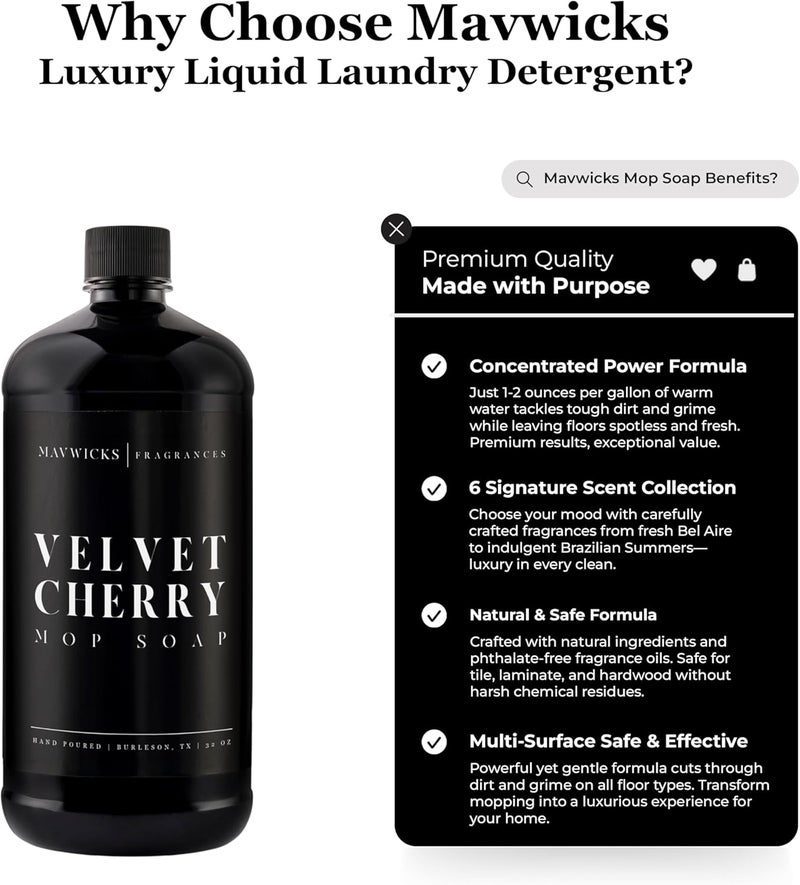 Mavwicks Fragrances - Luxury Mop Soap (Velvet Cherry) 32 Oz – Velvet Cherry Scented Floor Cleaner for Mopping – Pet Safe, Best Smelling Mop Detergent for All Surfaces - Image 1